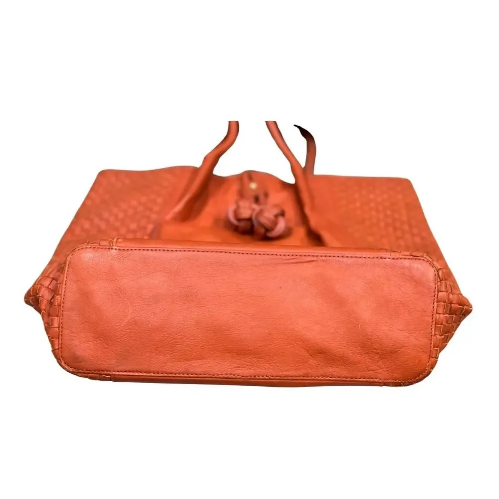 Vintage Liz Claiborne Woven Leather Orange Tote Bag w/ Double Knot Accent